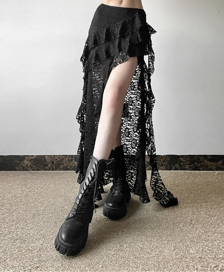 Irregular Ruffles Lace Patchwork Skirt