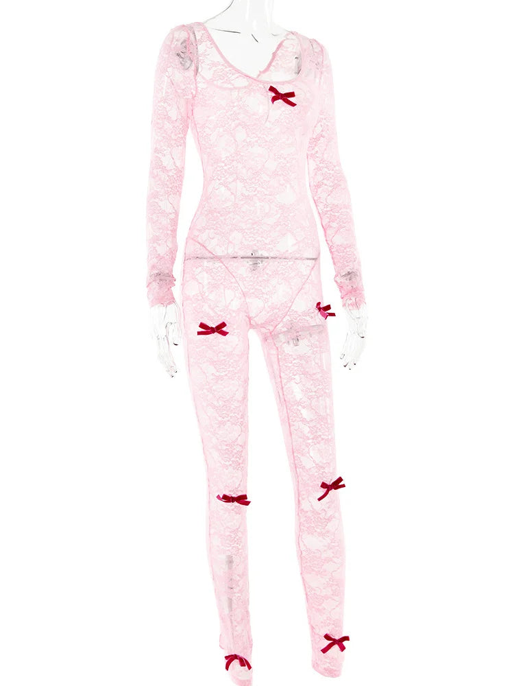 Lace Transparent Thin Solid Jumpsuit Long Sleeve Slim Fit Sheer Night Street Jumpsuit