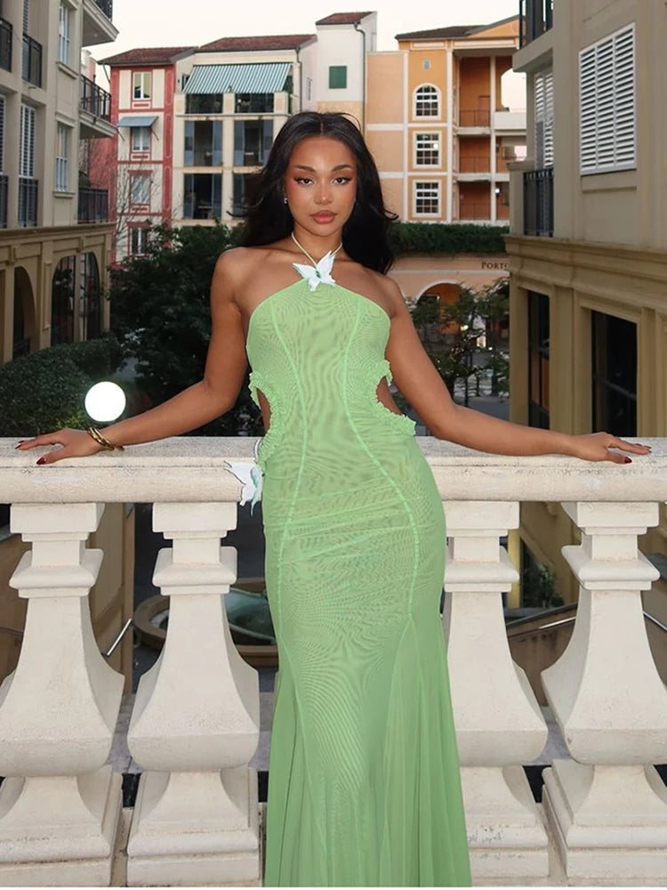 Sweet Elf Dress Pleat Trim Hollow Meh Stripe Splice Maxi Long