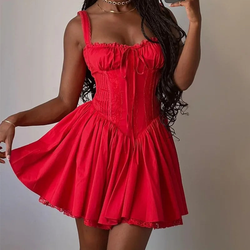 Red A-Line Lace-Up Mini Dress