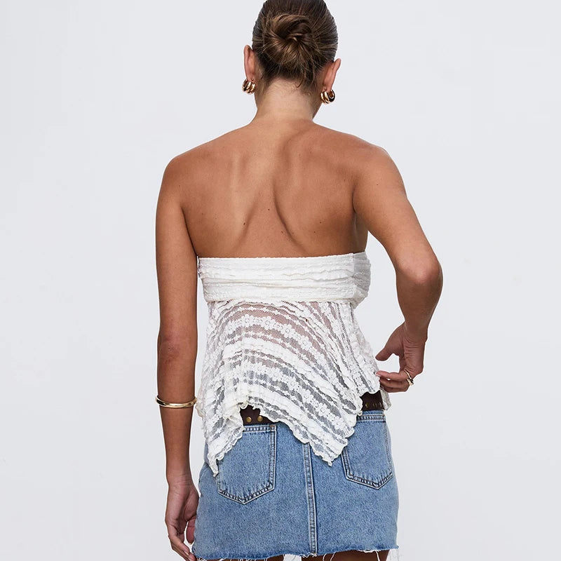 Lace Patchwork Irregular Straple T-Shirt Top