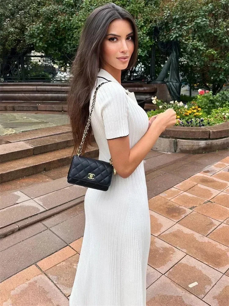 White Knit Maxi Dress Short Sleeve Patchwork Dress Lapel High Waist Knit Dress