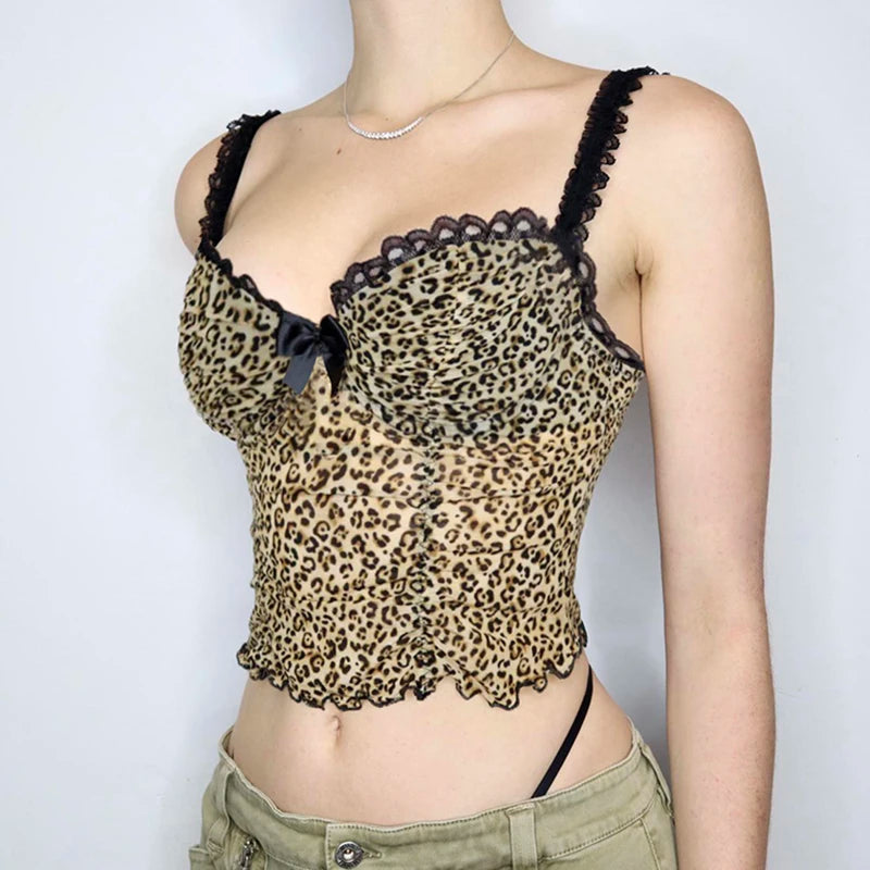 Leopard Print Slim Camisole V-Neck Backless Crop Top Sleeveless Patchwork Bow Vests