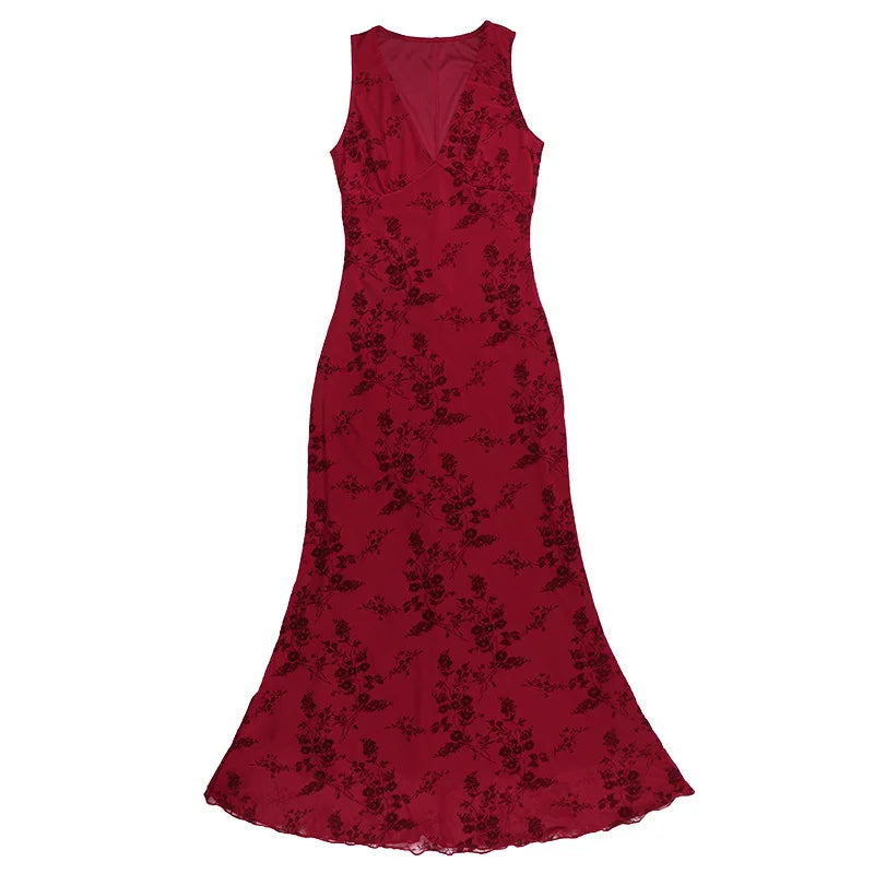 Printed Deep V Long Dress Floral Contrast Color Sleeveless Waist Slim Dress Long Dress