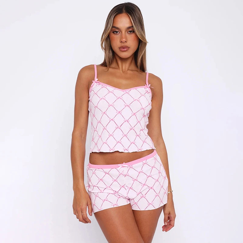 Contrat Splic Bow Crop Tank Top Short Set Cami Pant Slim Leiure Suit Balletcore