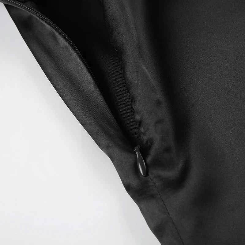 Patchwork Mesh Satin Dress See Through Slim Slash Neck Sleeveless Maxi