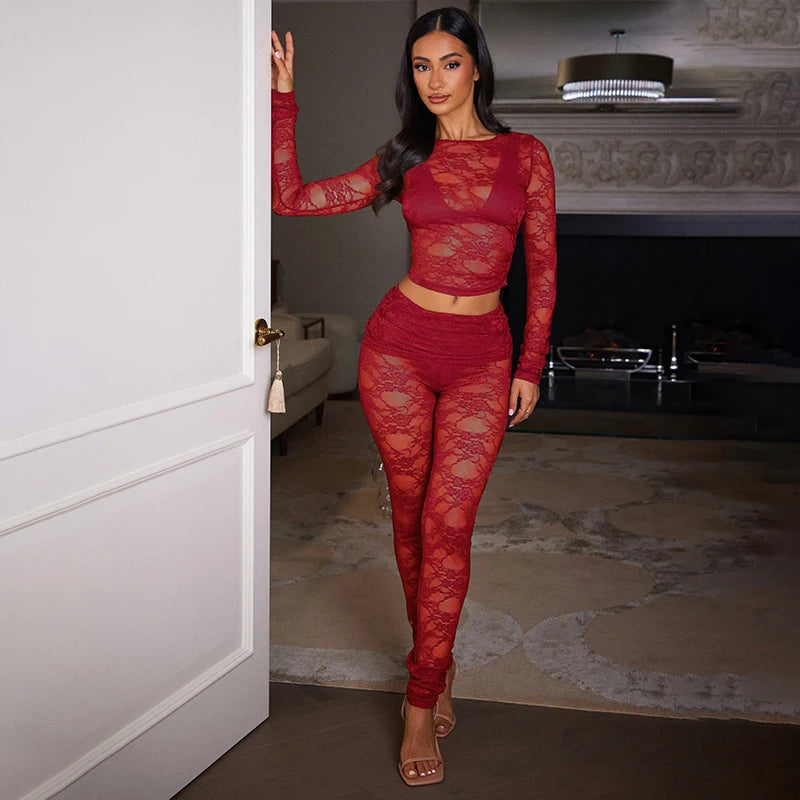 Patchwork Lace See-Through Two-Piece Set Lace Patchwork Long-Sleev Top Slim Pant Set