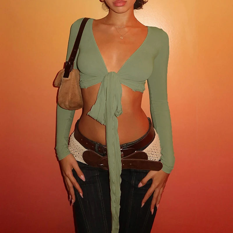 Slim Lace Up Leisure Shirts Long Sleeves V-neck s Top