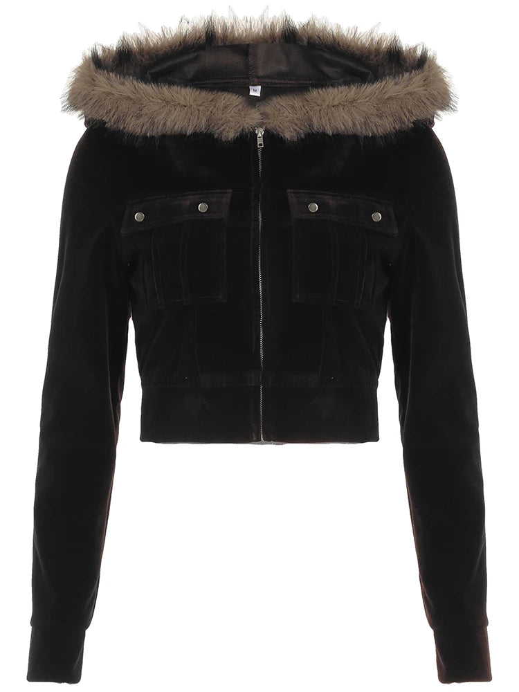 Pockets Fur Collar Short Jackets Zip Up Hoodies Coats