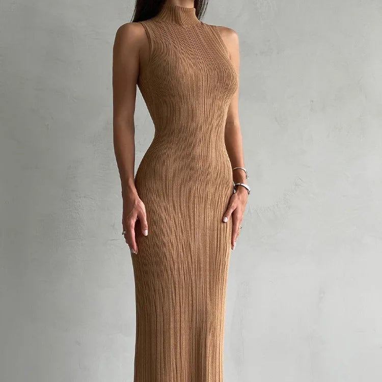 Sleeveless Knit Turtleneck Long Dress Slim Ribbed Knit Dress Maxi Dress