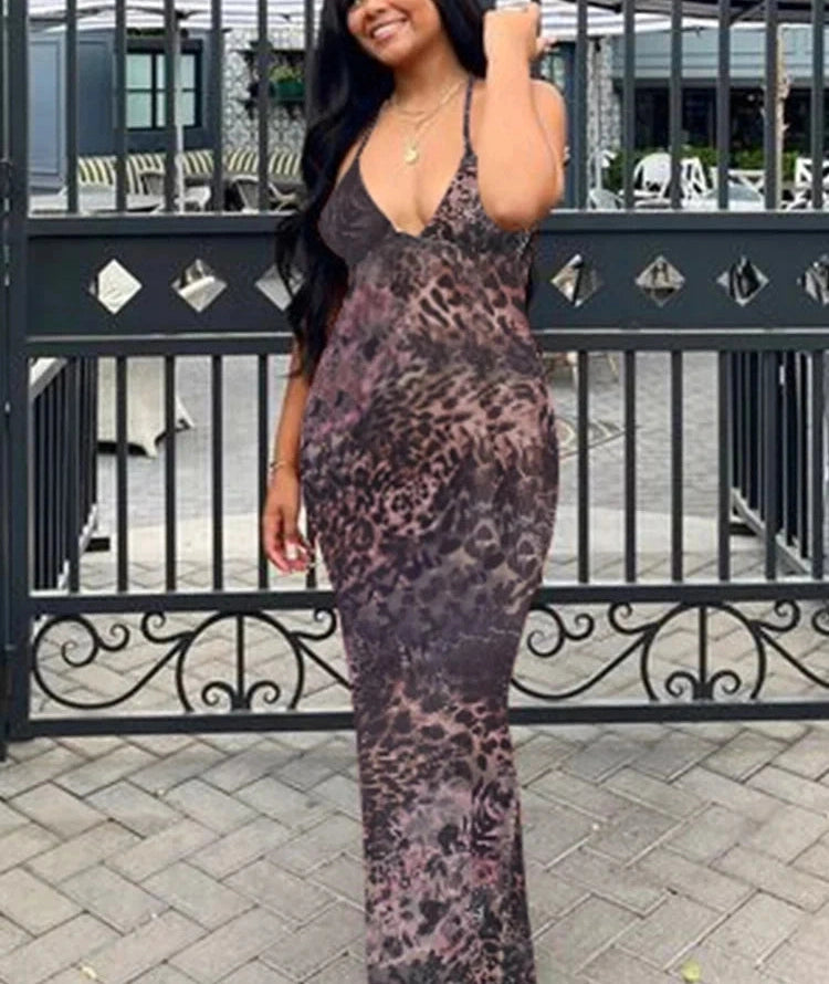 Butterfly Maxi Dress Print Backless Spaghetti Straps V Neck Halter Bodycon