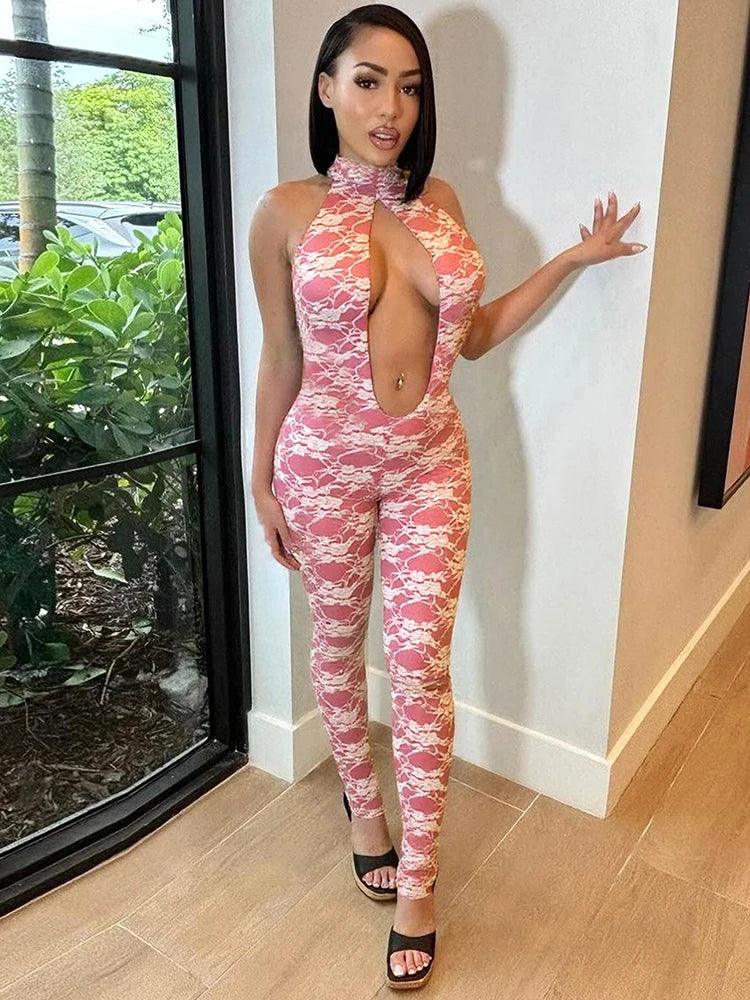Jumpuit Silky Panell Halter Cut Out Cleavage Backless Tank Overall One Piece
