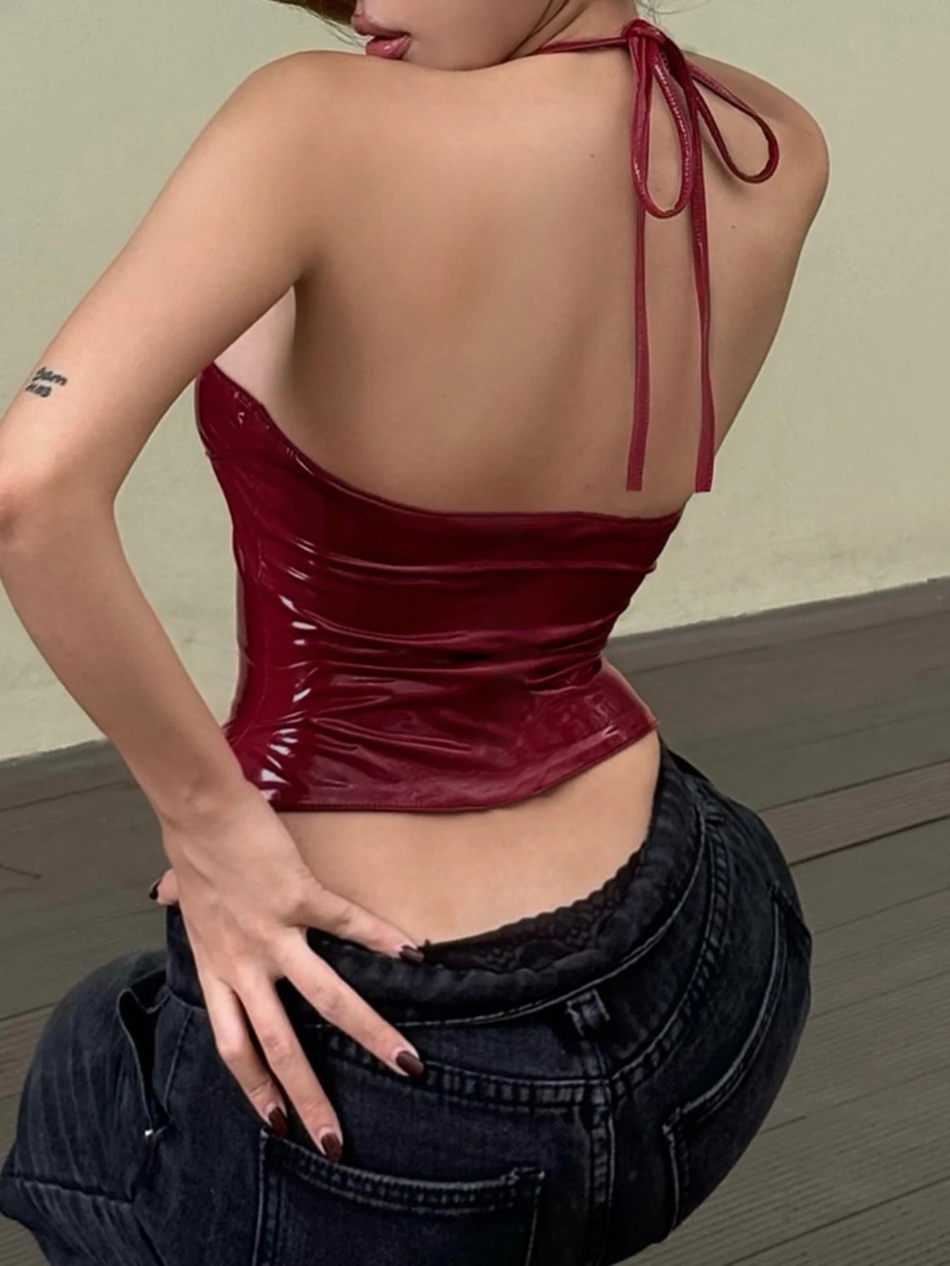 Halter V-Neck Sext Top Metal buckle Slim Backless PU Top