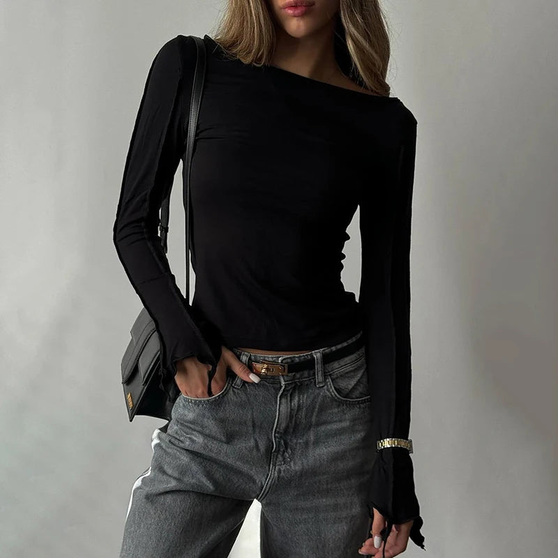 Irregular Flare Long Sleeve O Neck Slim Fit T-Shirt Revere Side Out Deign Top