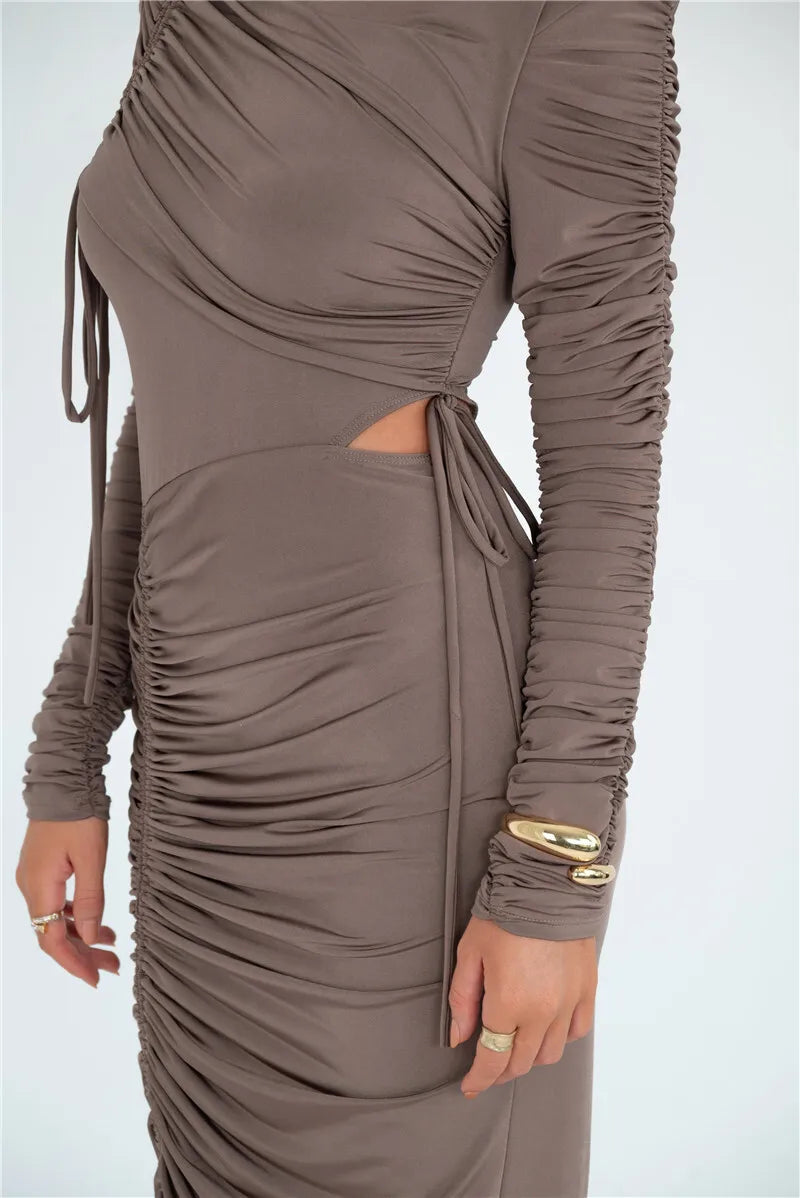 Long Sleeve Ruched Maxi Dress Drawstring Turtleneck Bodycon Long Dress