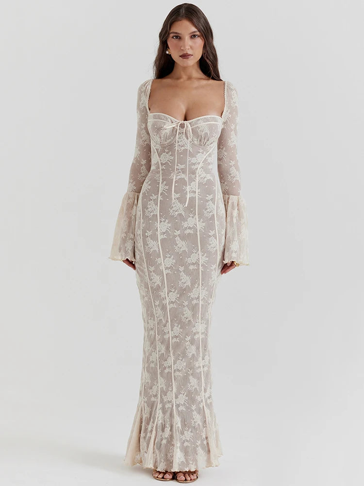 Lace Long Flare Sleeve Maxi Dress Square Collar Backless Bodycon Dress