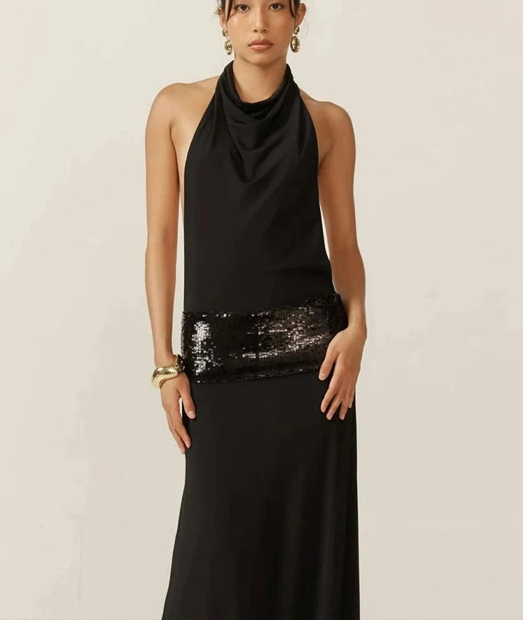 Waist Sequins Dress Backless Halter Sleeveless Pile Collar Slim