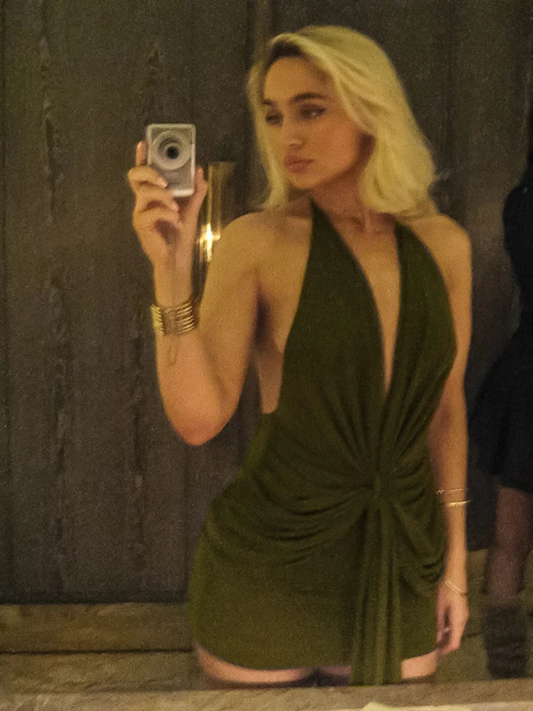 Ruched Belt Ribbon Dress Deep V-Neck Backless Sleeveless Lace-up Halter