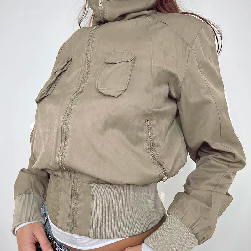 Patchwork Jackets Pockets Turn-down Collar 's Coats Zipper