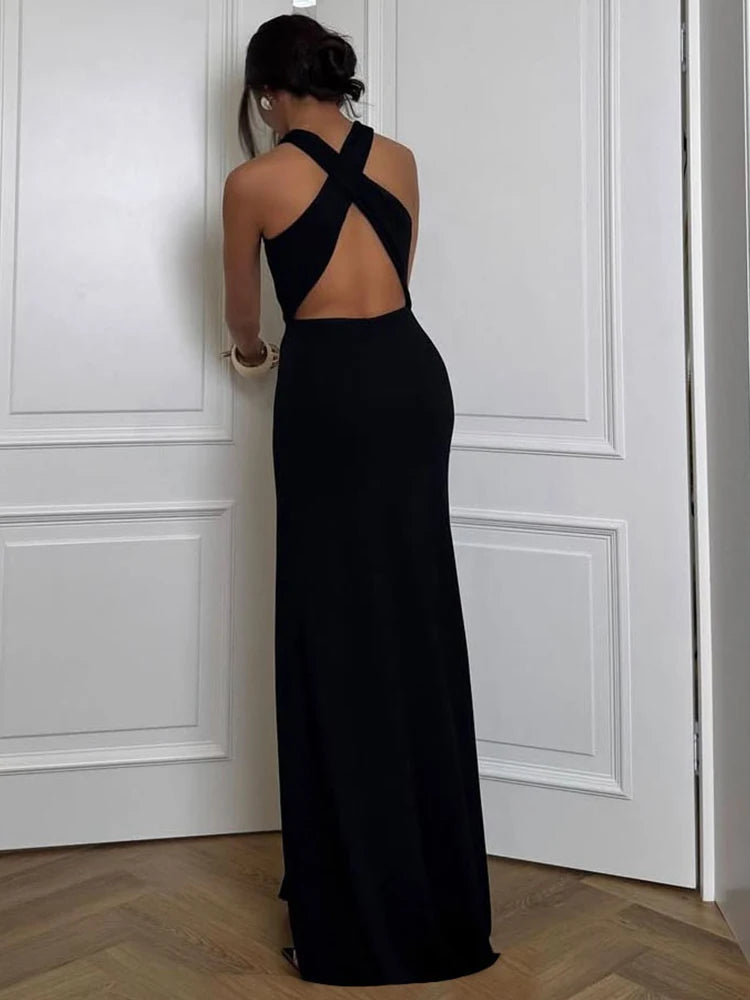 Irregular Hollow Cross Knot Maxi Dress Backless High Splits Midnight