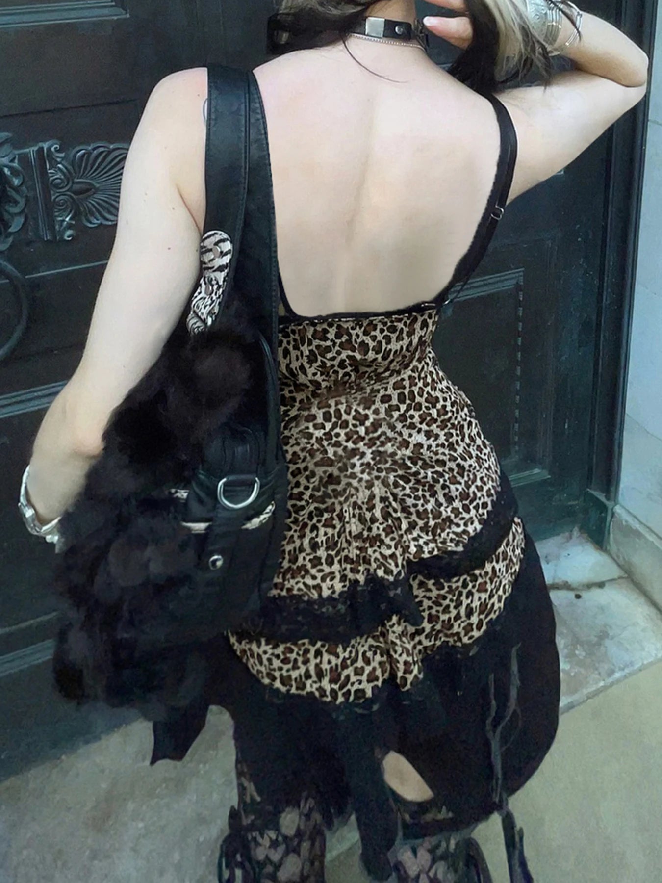 Lace Patchwork Camisole Leopard Print Backless Top V-neck Sleeveless Fairycore
