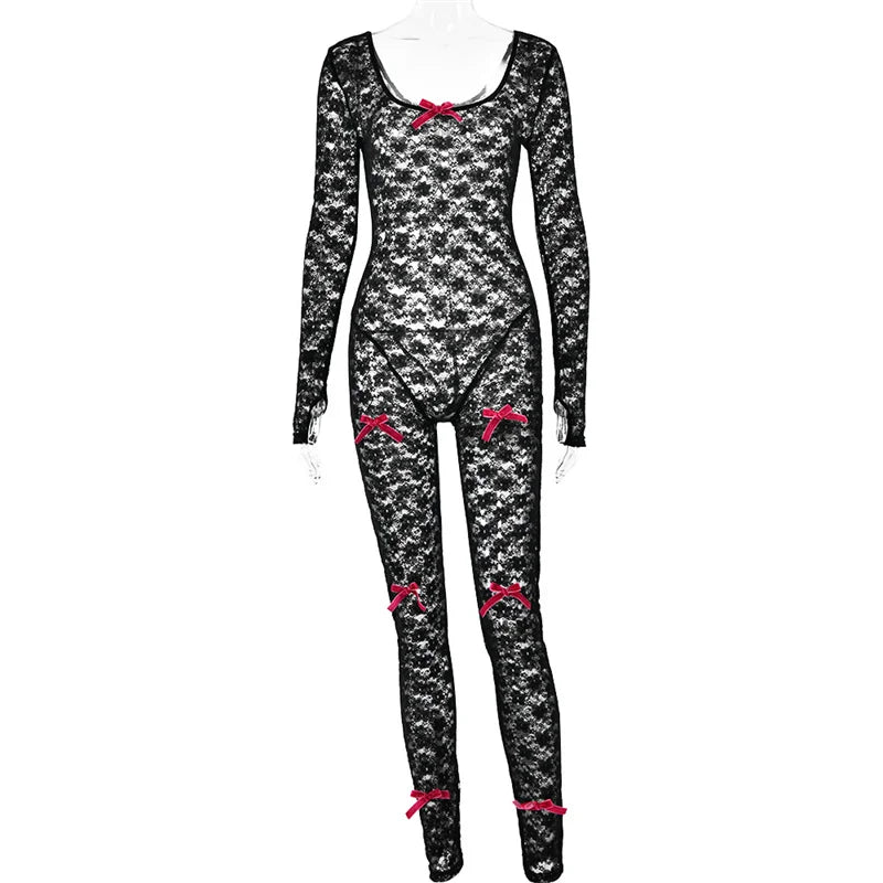 Lace Transparent Thin Solid Jumpsuit Long Sleeve Slim Fit Sheer Night Street Jumpsuit