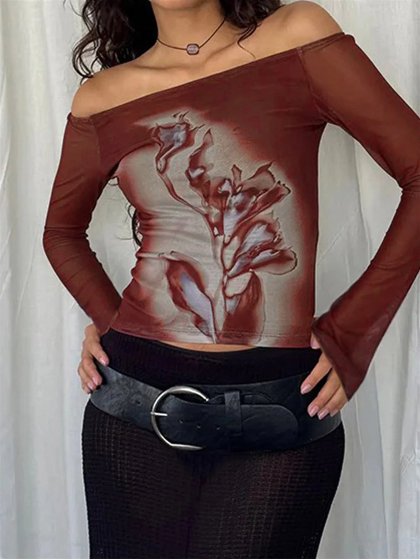 Brown Floral Mesh Flare Sleeves See Through Shirt