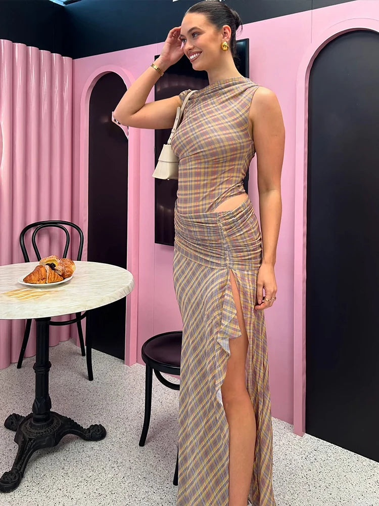 Claic Plaid Maxi Dress Incline Shoulder Split Shirring Long Trend