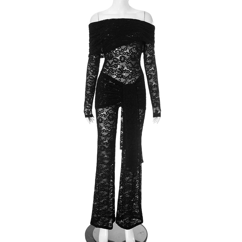 Smock Lace Splicing See-Through Strappy Jumpuit Pant Jumpuit Evening
