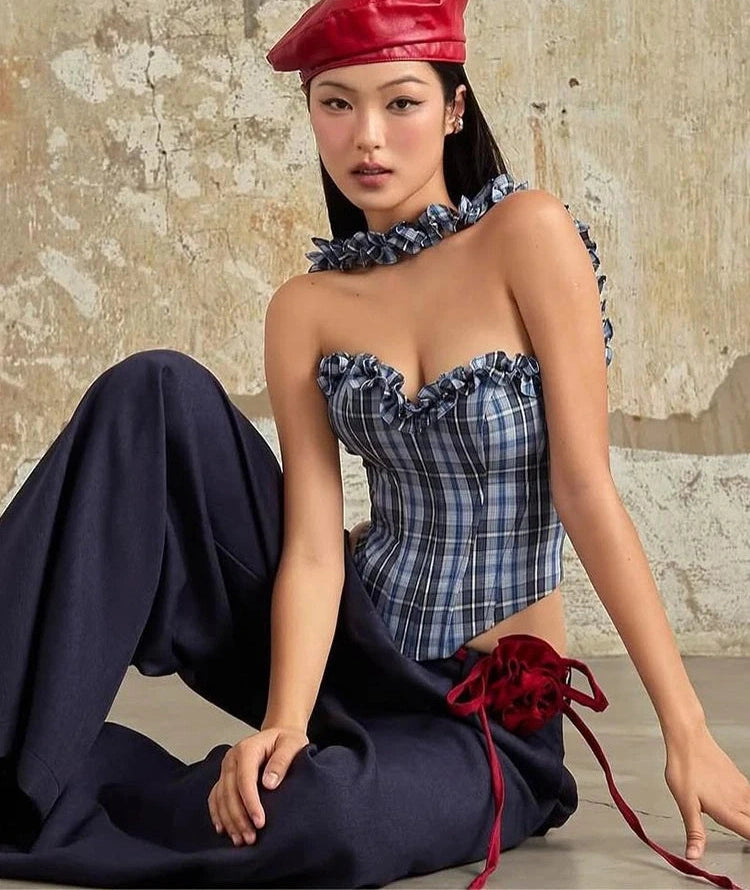 Plaid women Ruffled Edges Halter Low-Neck Backless Sleeveless High ity Mini Top