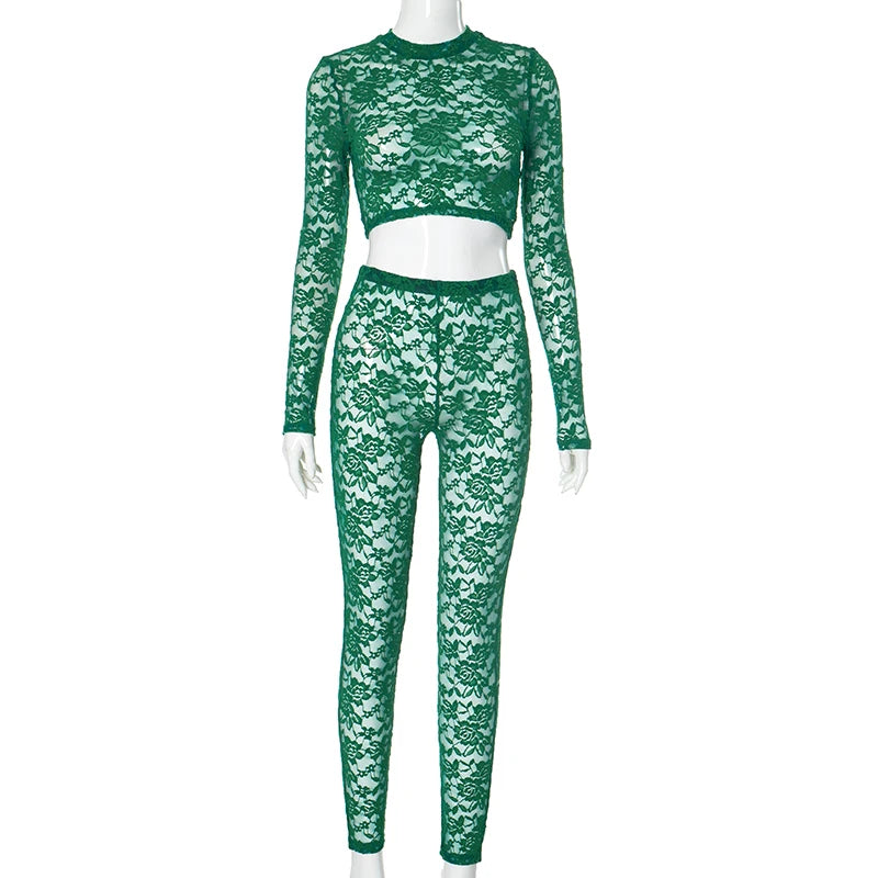 Lace See Through Long-Sleeve Crop Top Pencil Pant Cut Out See-Through Set
