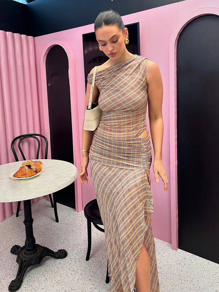 Claic Plaid Maxi Dress Incline Shoulder Split Shirring Long Trend
