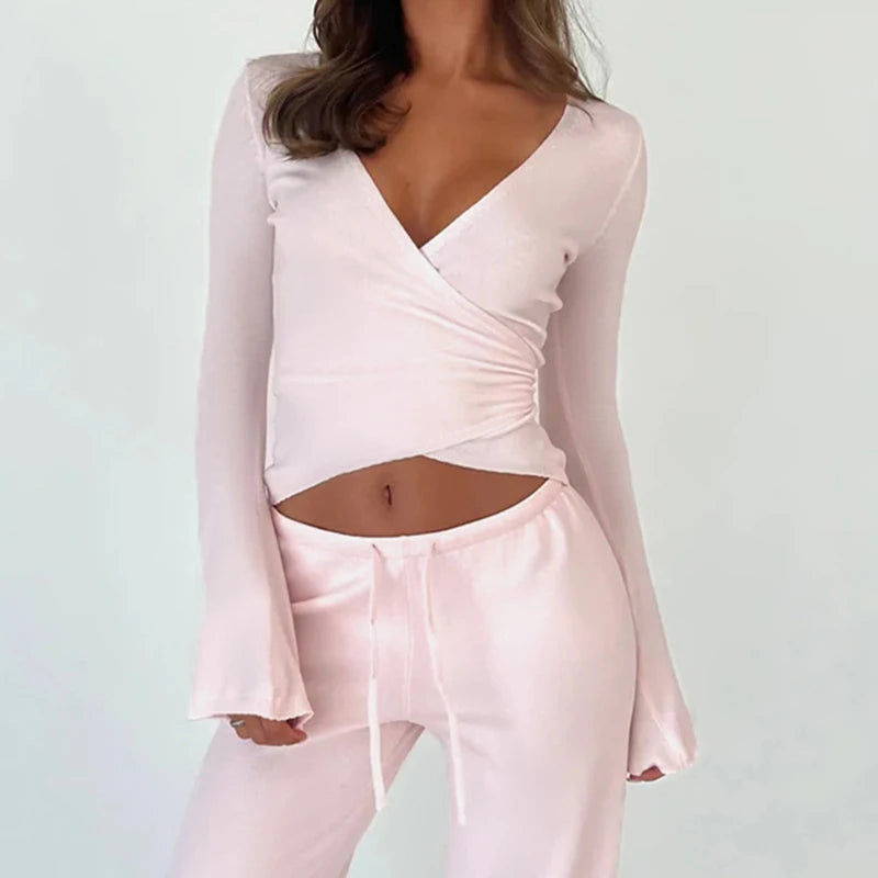 Slim Lace-up Tee Shirts Long Sleeves V-neck Sporty Four Color Knit Top