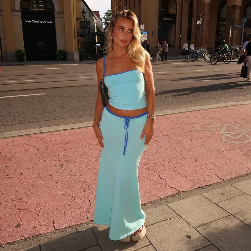 Blue Sleeveless High-Waisted Set