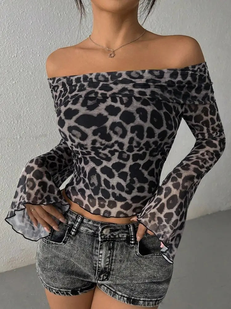 Leopard Print Long Sleeve Mesh Ruched Slim Crop Tshirt Top 2024
