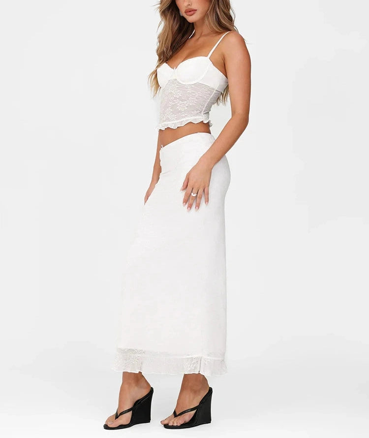 White Lace Patchwork See Through Two Piece Set
