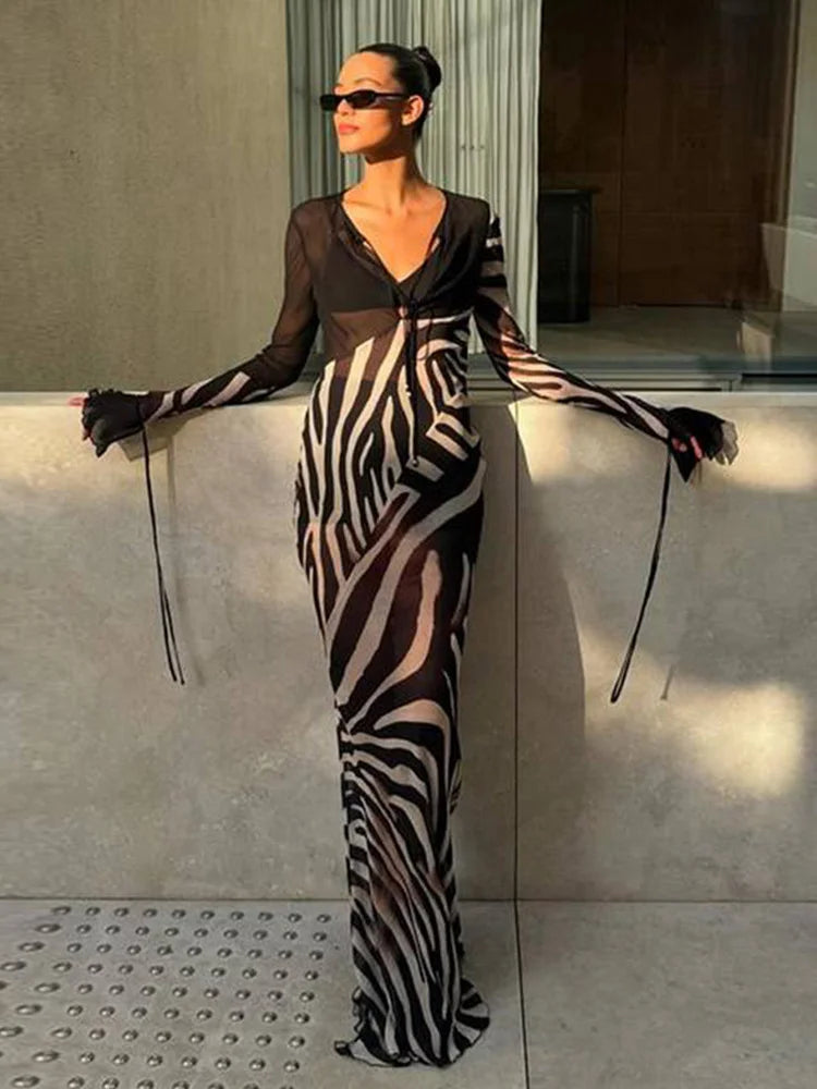 Transparent V-Neck Long Sleeve Dress High Waist Pullover Street Dress