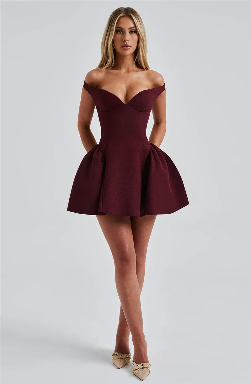 Off-shoulder Backless Mini Dress Wine Red Sleeveless Strapless High Waist A-line Dress