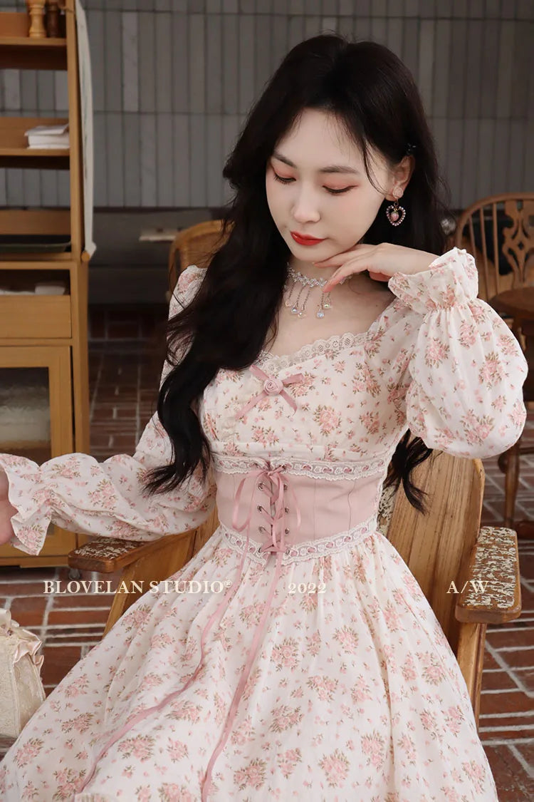 Spring Pink Floral Dress Bandage Lace Print Dress Puff Sleeve Kawaii Dress Princess Fairy