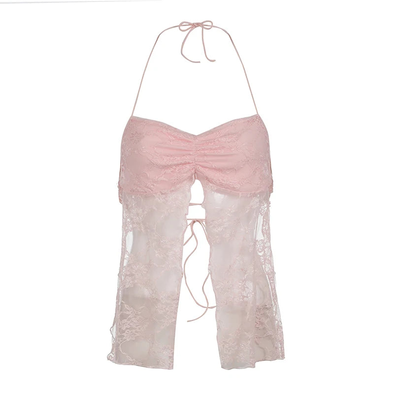 Backless Halter Neck Camisole Transparent Lace Slits Pink ing Lace-up