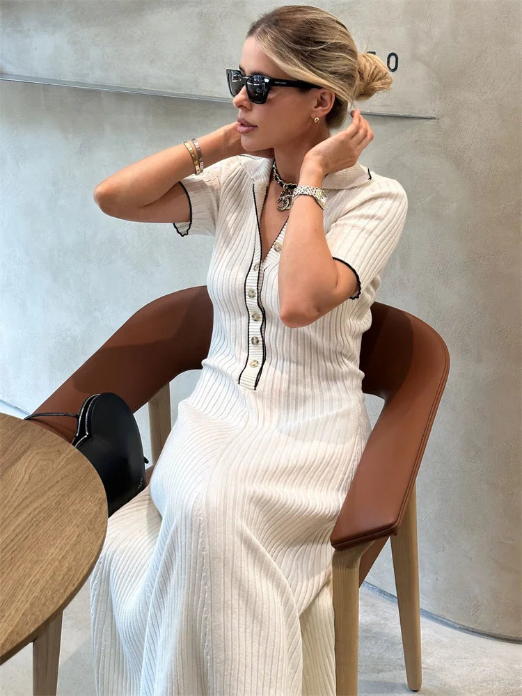 White Knit Maxi Dress Short Sleeve Patchwork Dress Lapel High Waist Knit Dress