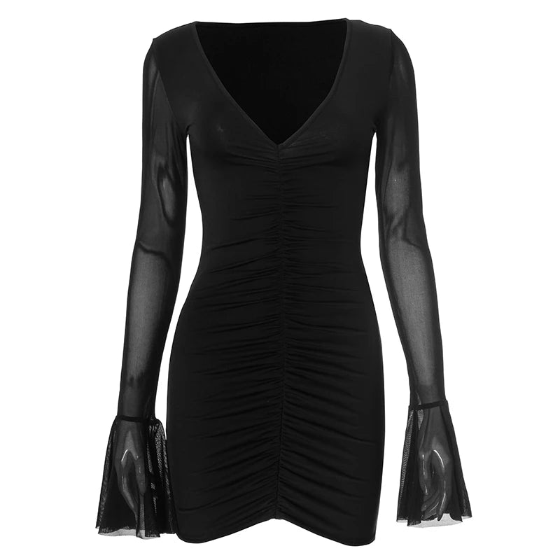 Spring And Solid Color V-Neck Mesh Patchwork Pleated Ruffles Hip Flared Sleeve Mini Short Dress