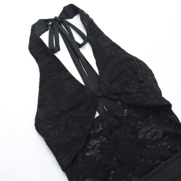 Lace Sheer Mini Dress Halter Bandage Backless V-neck Embroidered Patchwork Bodycon Robe