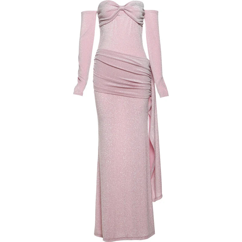 Bright Silk Dress Waist Ribbon Slash Neck Coquette Tight Stretch Luxury