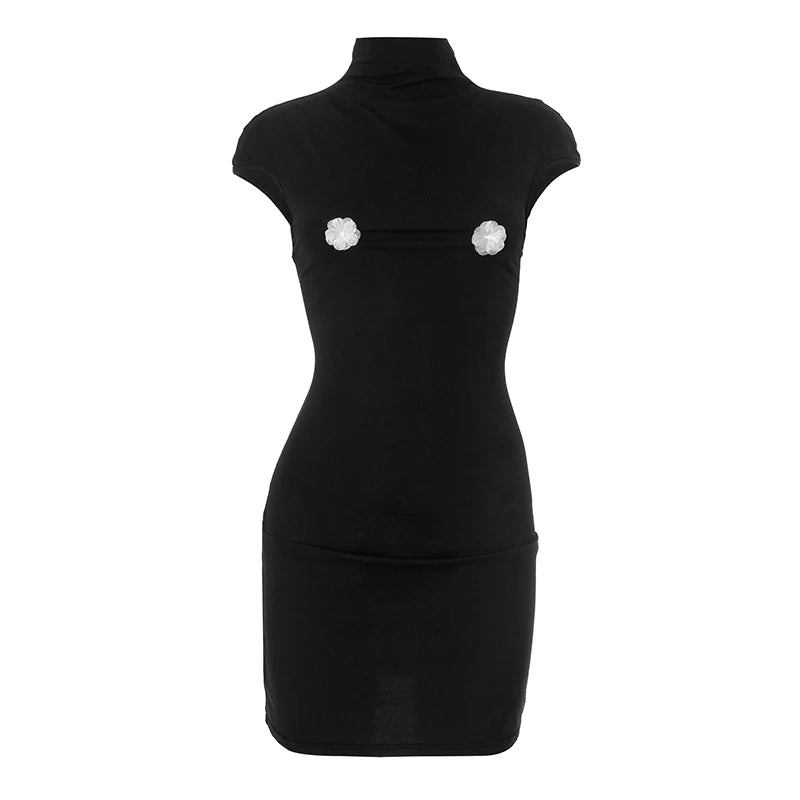 Black High Neck Slim Mini Dress