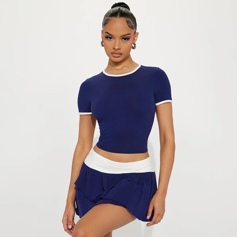 Round Neck Sport Top Two Piece Set Short Slim T-Shirt Pleat Mini Skirt Patchw