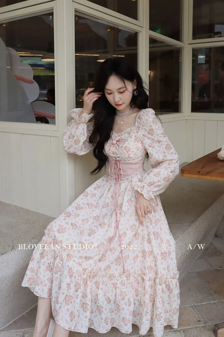 Spring Pink Floral Dress Bandage Lace Print Dress Puff Sleeve Kawaii Dress Princess Fairy