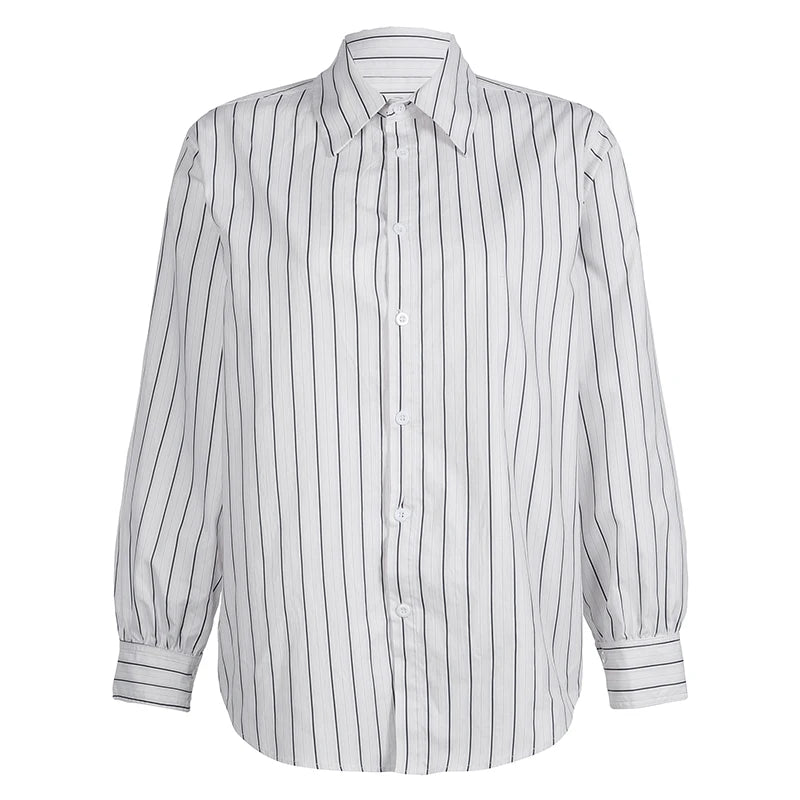 Striped Print Loose Shirt Single-breasted Oversized Blouses Turn-down Neck Top