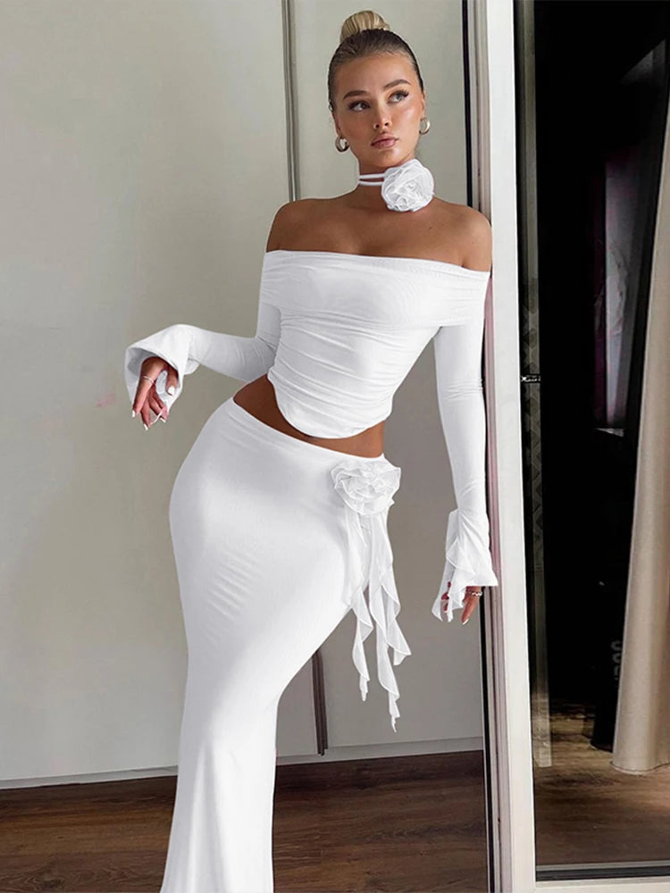 3D Flower Off Shoulder Crop Top Maxi Skirt Set