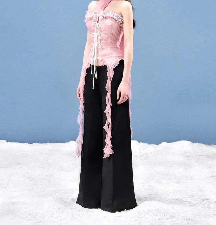 Mesh Scarf Patchwork Lace Ruffled Irregular Hem Long Tassels Frenulum Street Skinny Versatile Girly Sweet Top